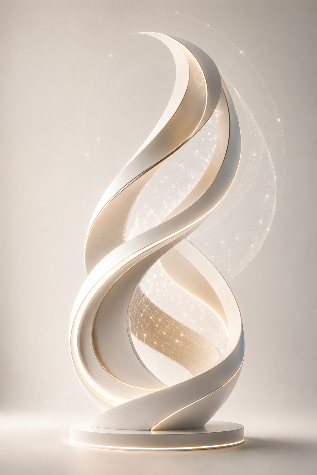 Modern sculpture with twisting, ribbon-like elements in white and gold tones, illuminated and set against a light background.