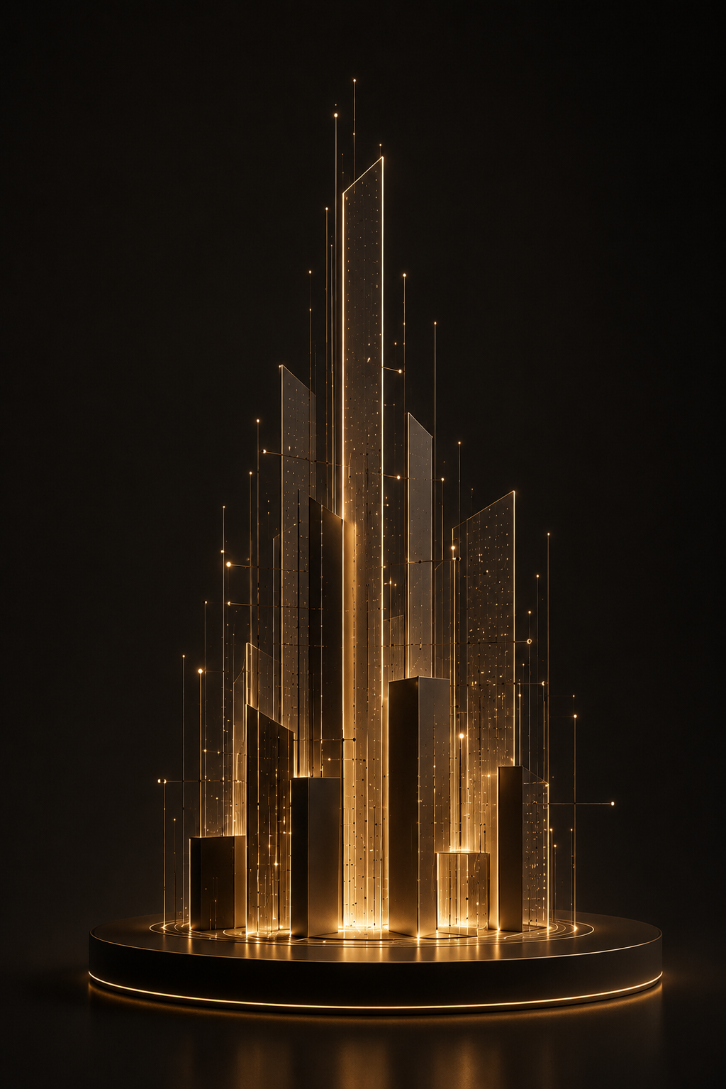 A digital art depiction of a futuristic city skyline with illuminated golden skyscrapers and vertical light lines against a dark background.