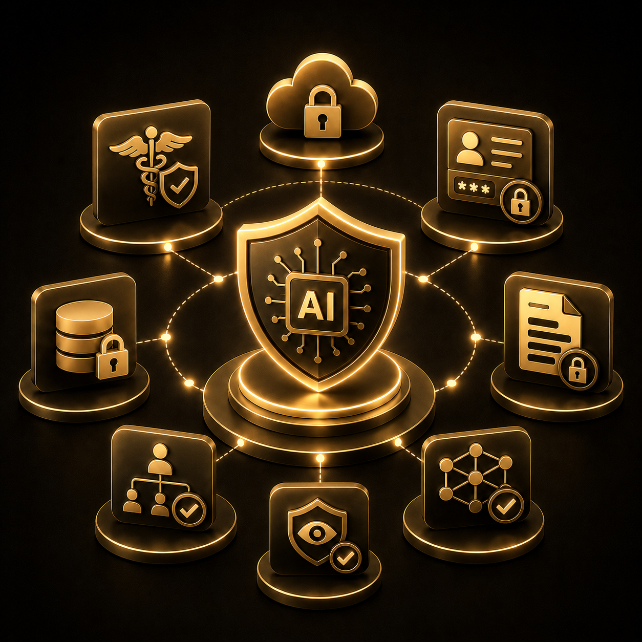 Digital illustration of AI security concepts with icons representing data protection, cloud security, user authentication, and network connectivity, all in gold and black colors.