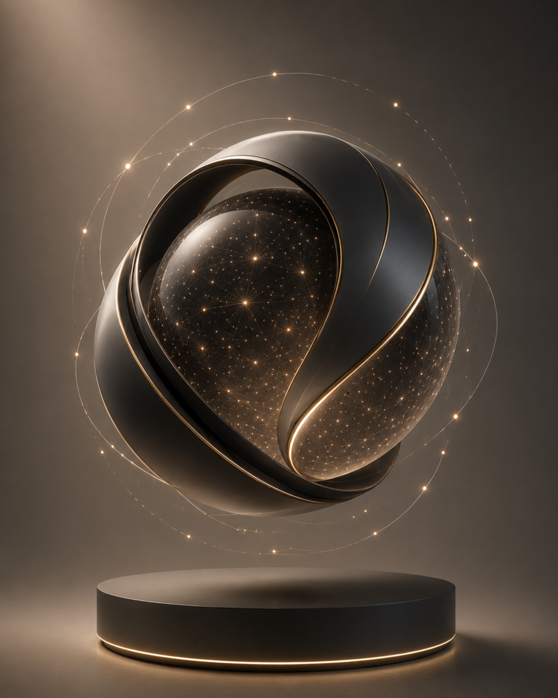 A futuristic, metallic, spherical object with glowing lights and digital lines, floating above a circular platform in a dark, minimalistic setting.