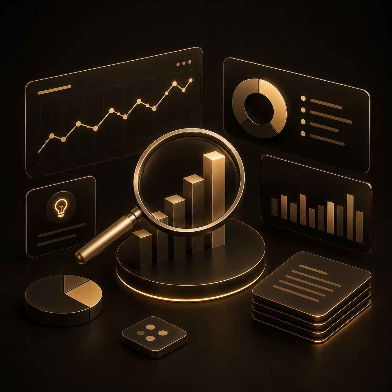 Gold and black digital infographic with charts, graphs, a magnifying glass over a bar chart, and a lightbulb icon.