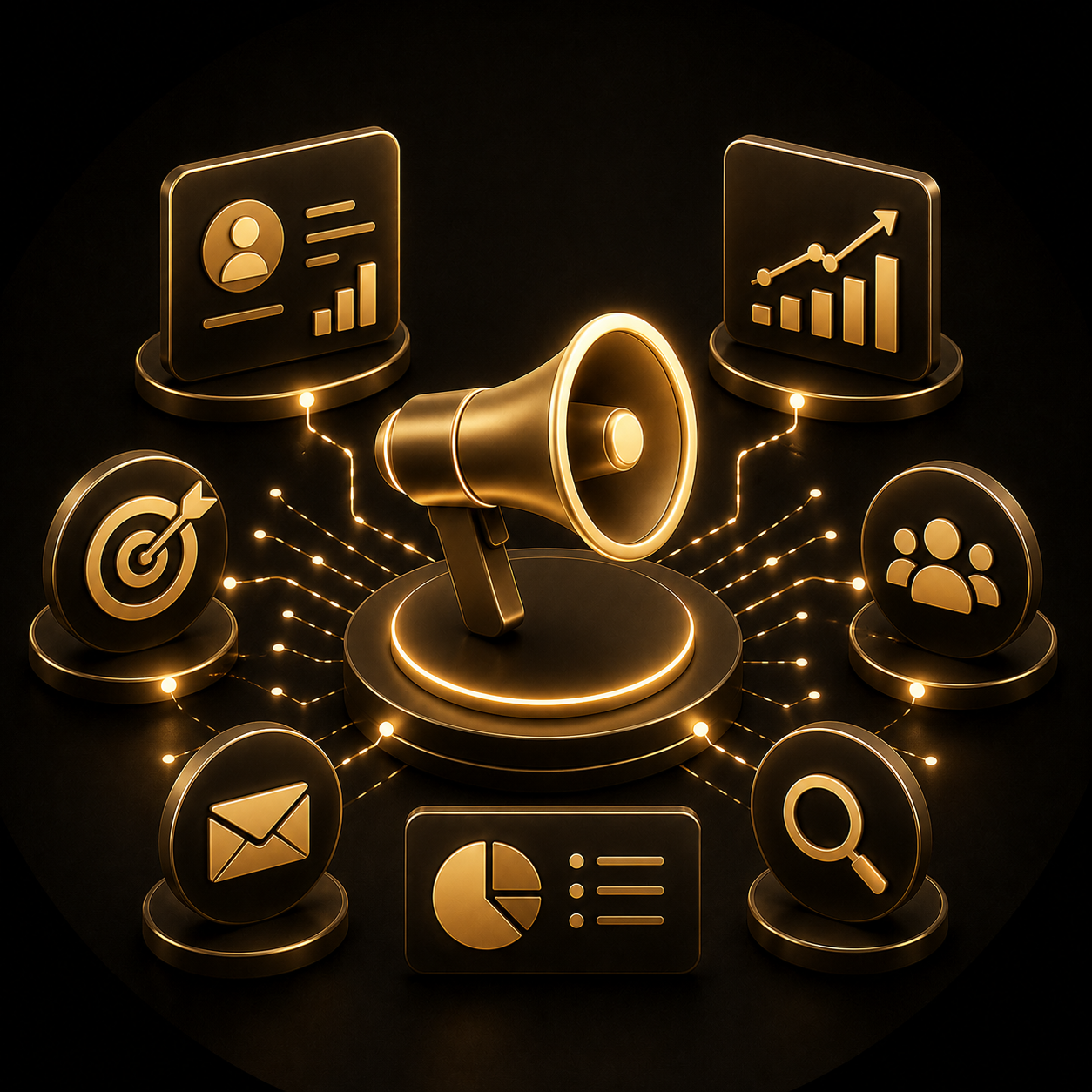 A digital illustration of a golden megaphone surrounded by various icons representing digital marketing and communication, such as target, email, search, analytics, audience, user profile, growth, and graphs, all interconnected with glowing lines.