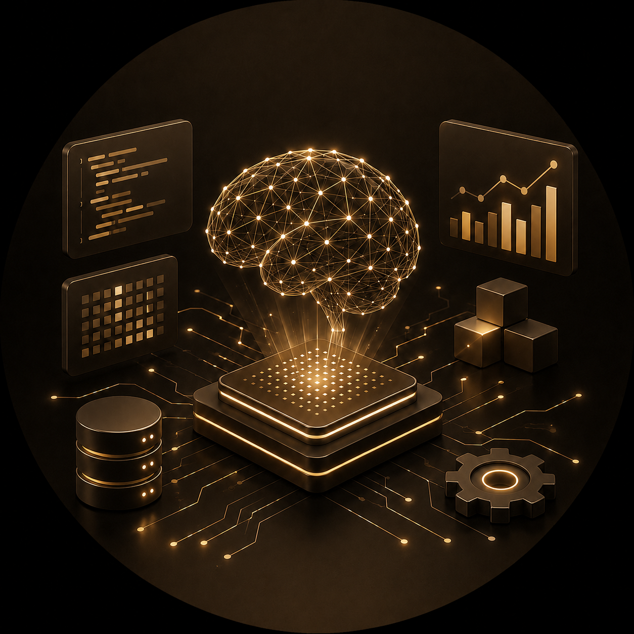 Digital illustration of a glowing brain made of interconnected nodes hovering above a processor, surrounded by data charts, grids, gears, and data storage icons in a dark background.