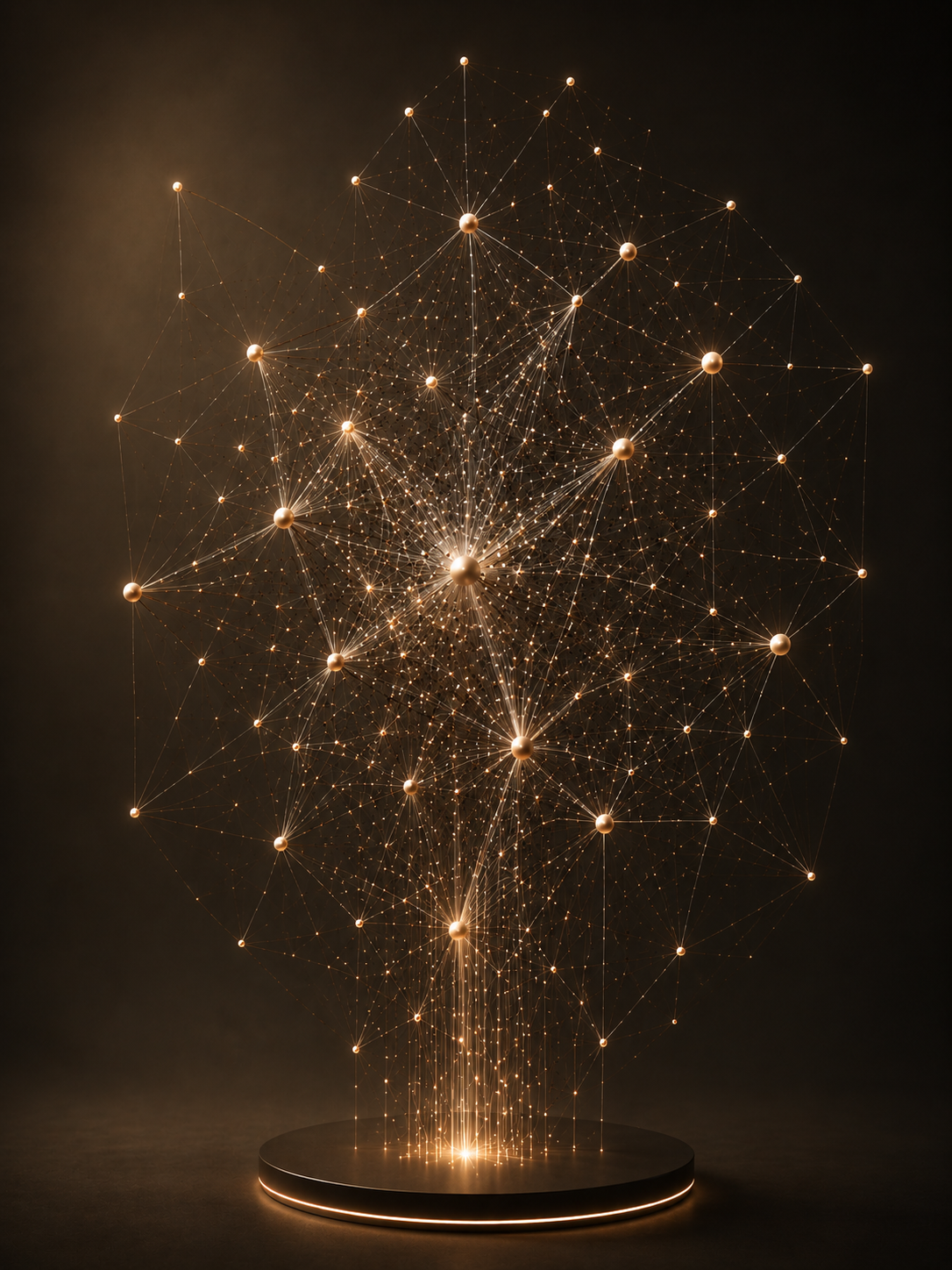 A digital art installation resembling a glowing, intricate network of interconnected nodes and lines on a dark background, emanating from a circular base.