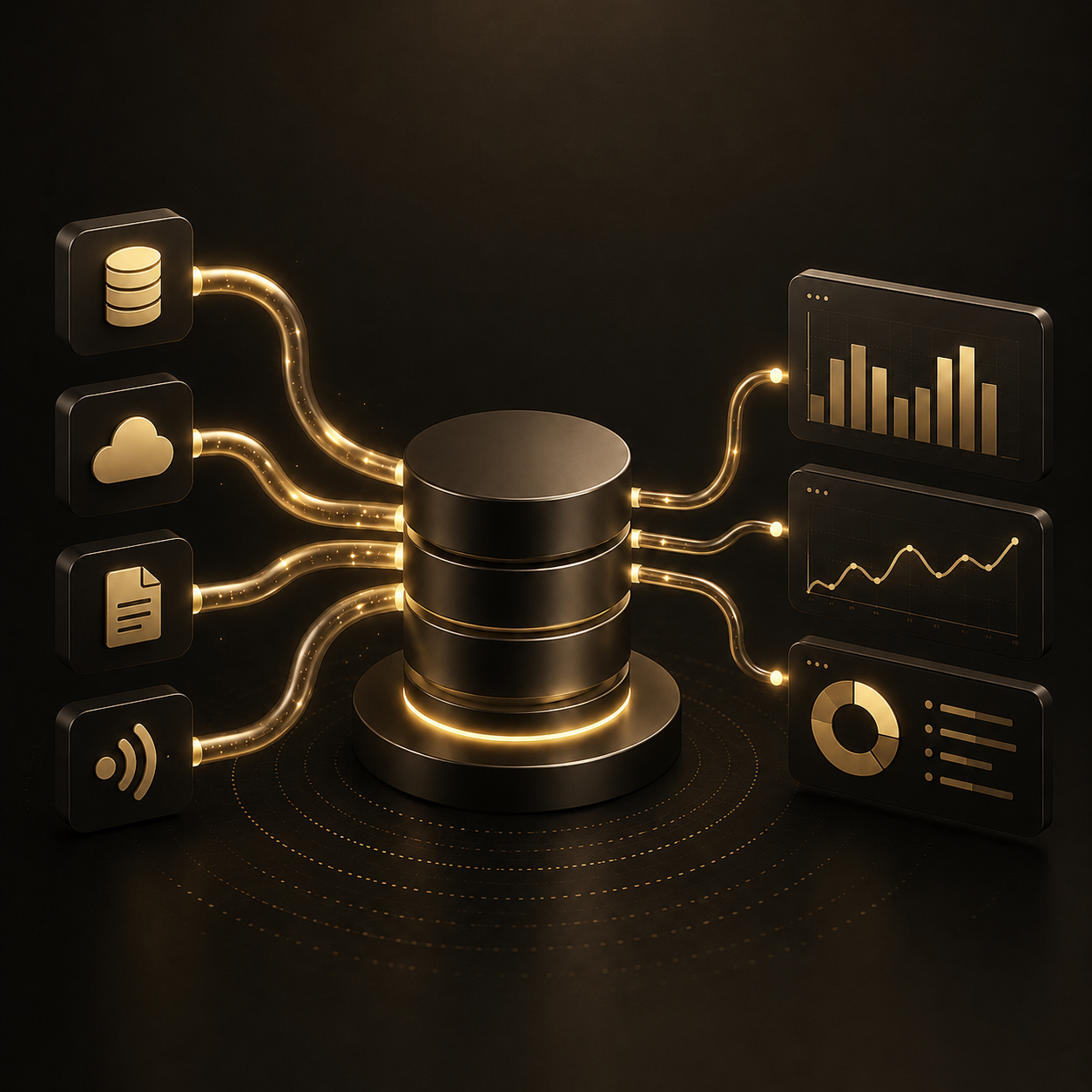 Digital illustration of a data storage system with five icons on the left and three graphs on the right connected by glowing lines to a central black database.