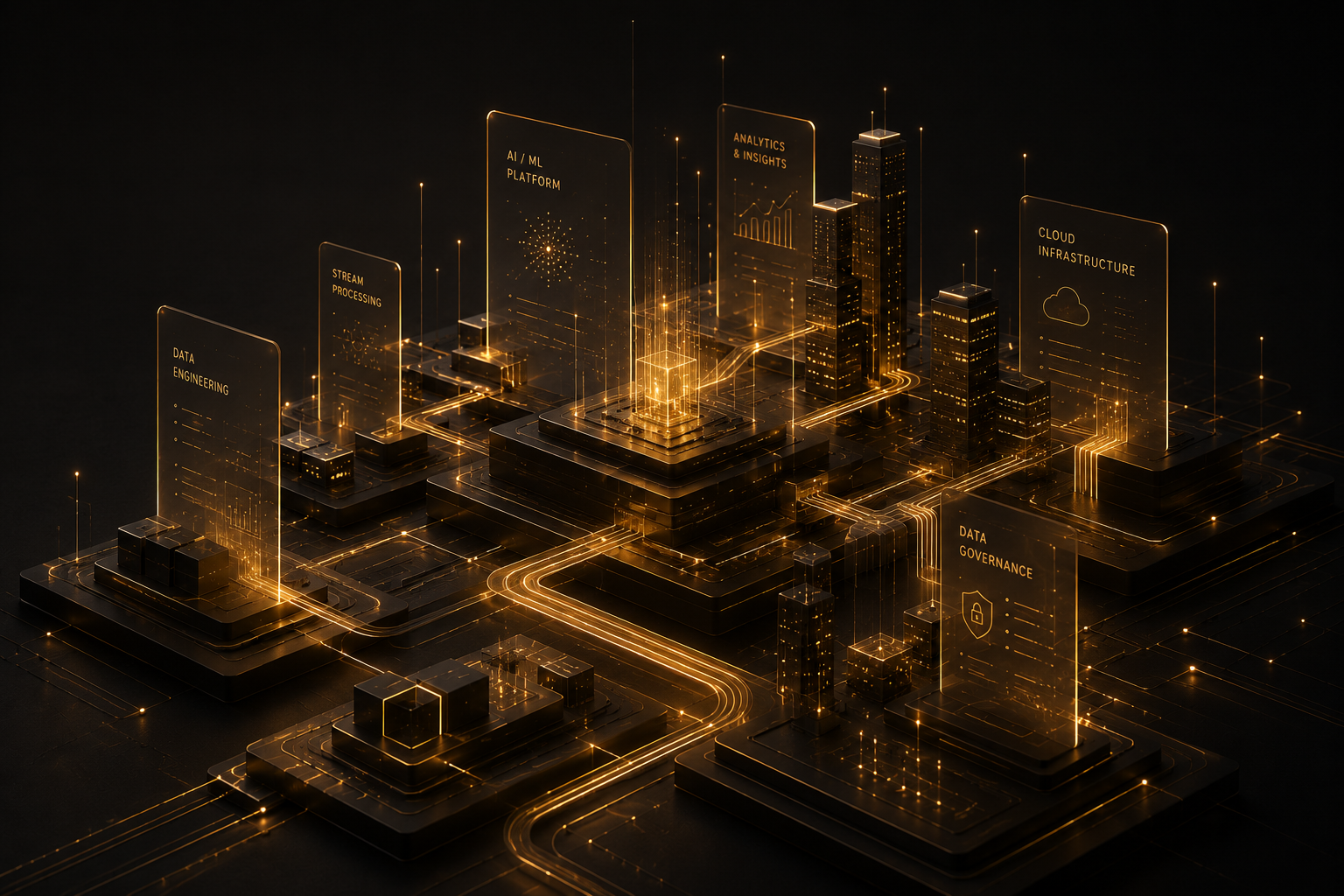 Digital futuristic cityscape with glowing golden lines and skyscrapers, displaying holographic labels for data engineering, stream processing, AI/ML platform, analytics & insights, cloud infrastructure, and data governance.