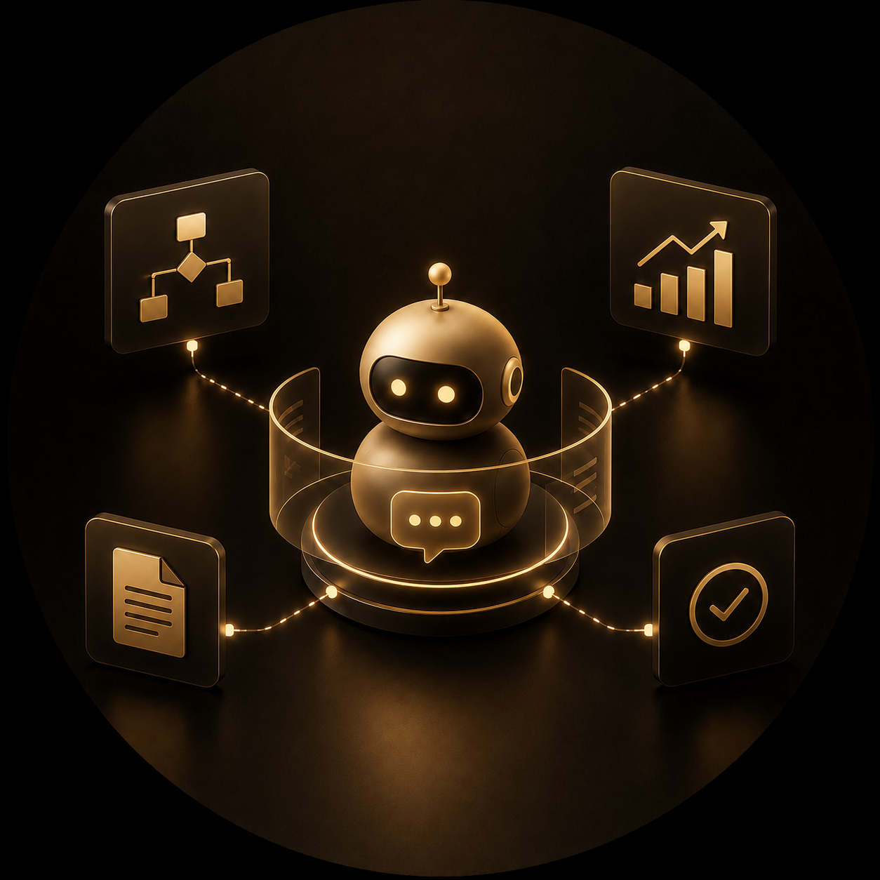 Futuristic robot surrounded by holographic interface icons including flowchart, growth chart, document, speech bubble, and checkmark, in a dark setting with glowing gold accents.