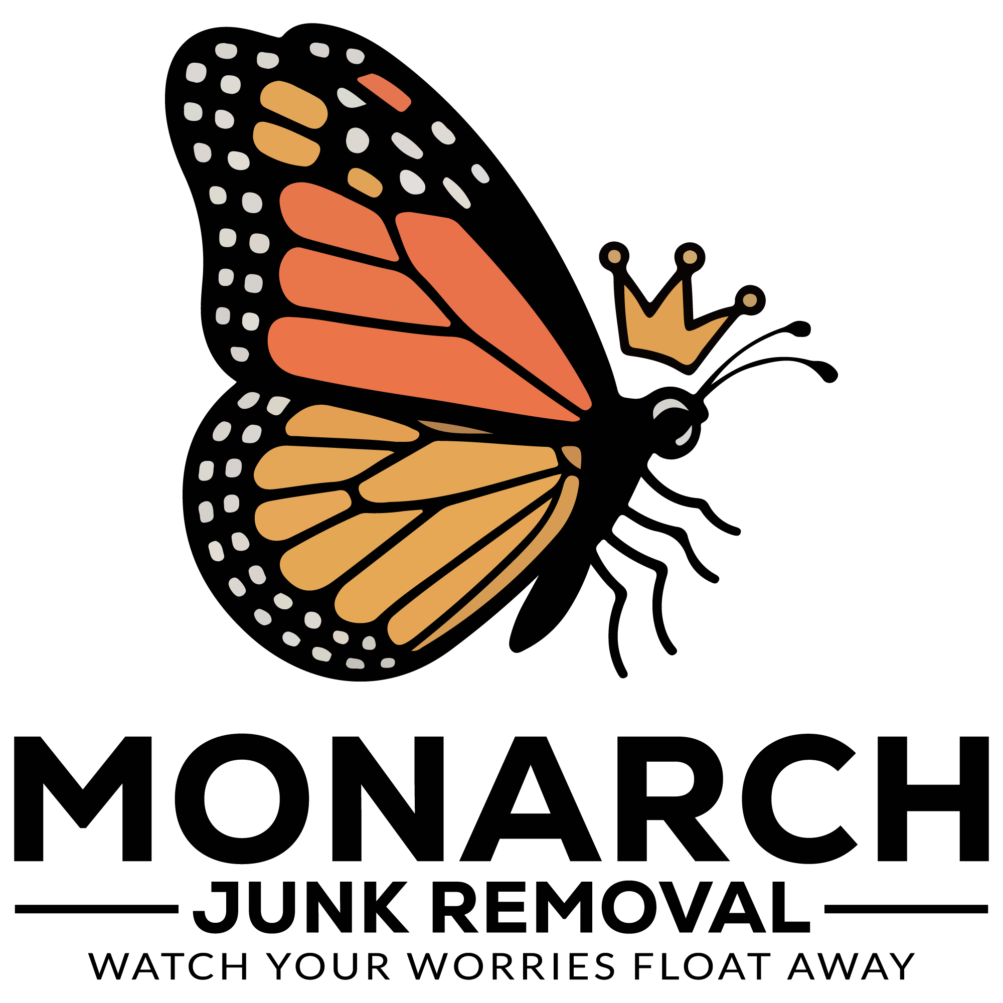 Monarch Junk Removal Logo, a large monarch butterfly with a crown, followed by the company name and tagline