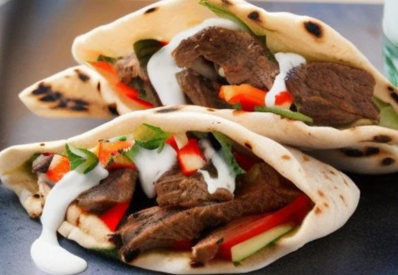 Two gyro sandwiches filled with grilled meat, sliced vegetables, and drizzled with white sauce, served in pita bread.