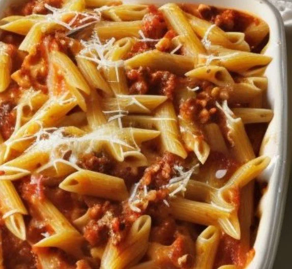 Baked penne pasta with ground beef, tomato sauce, and melted cheese in a white dish