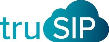 Logo with the words 'truSIP' in blue, with 'SIP' inside a dark blue speech bubble.