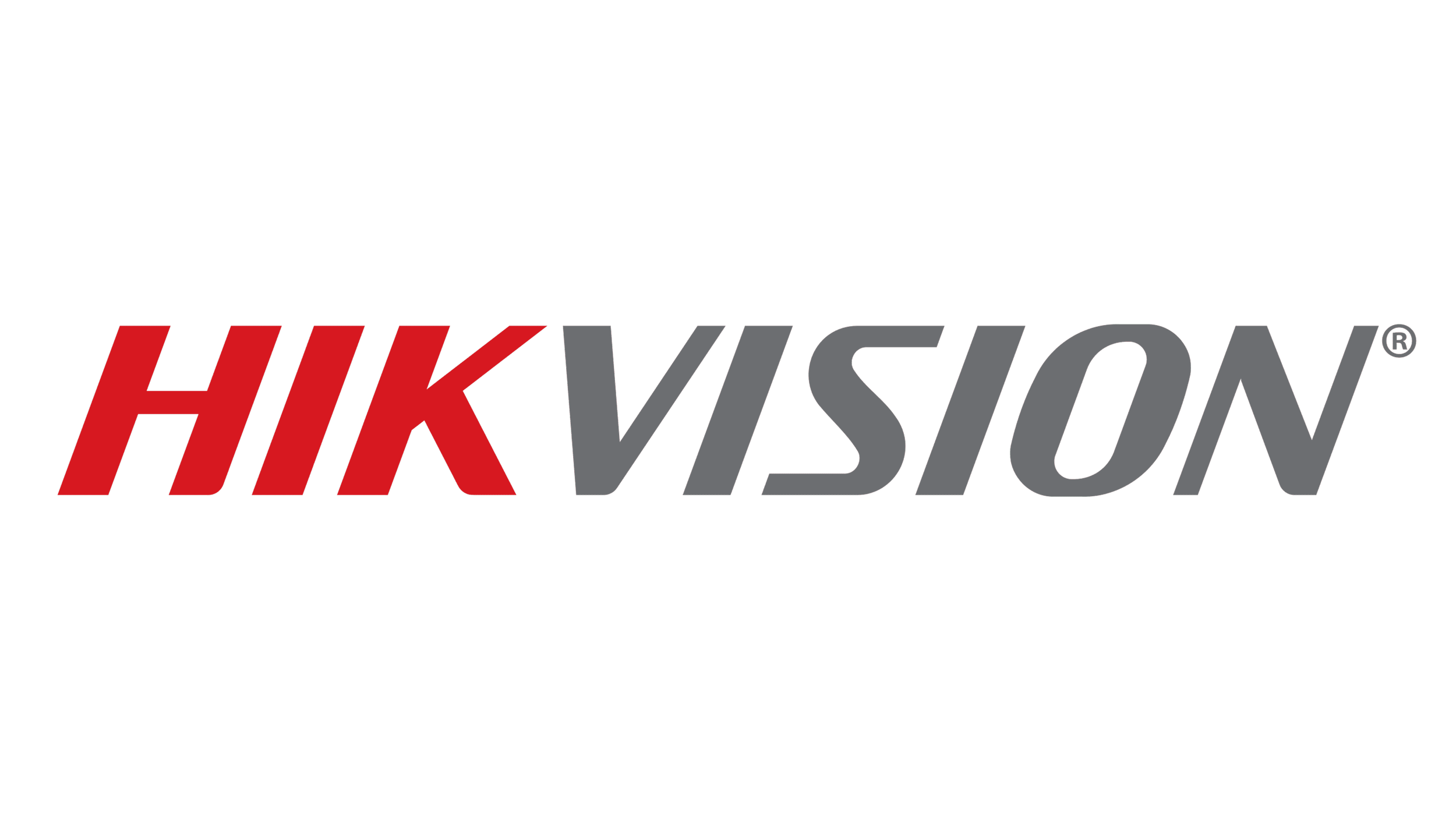 Hikvision logo with the company name in black, red, and gray text on a black background.