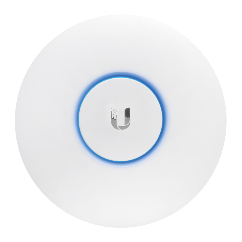A white device with a circular design and a blue illuminated ring around a central logo.