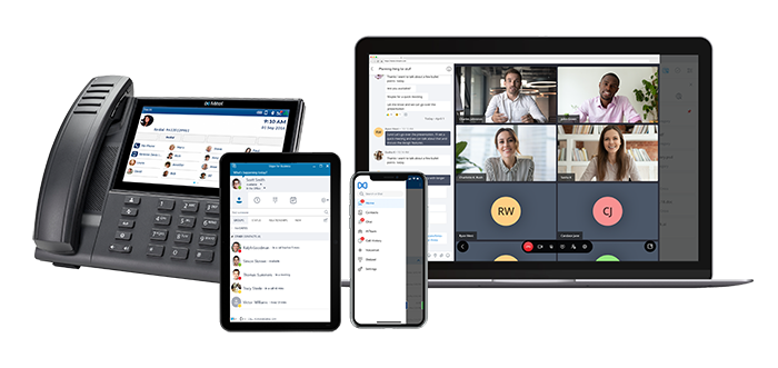 A desk phone, smartphone, and tablet showing communication apps, and a laptop displaying a video conference call with five people in a grid layout.