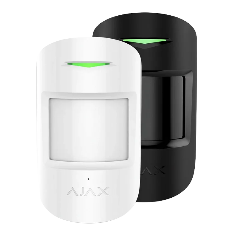 Two AJAX motion sensors, one white and one black, with small green indicator lights at the top.