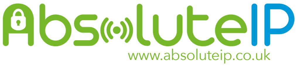 Logo with the words "Absolute IP" in green and blue text, including a padlock icon and a Wi-Fi signal symbol, with the URL www.absoluteip.co.uk below.