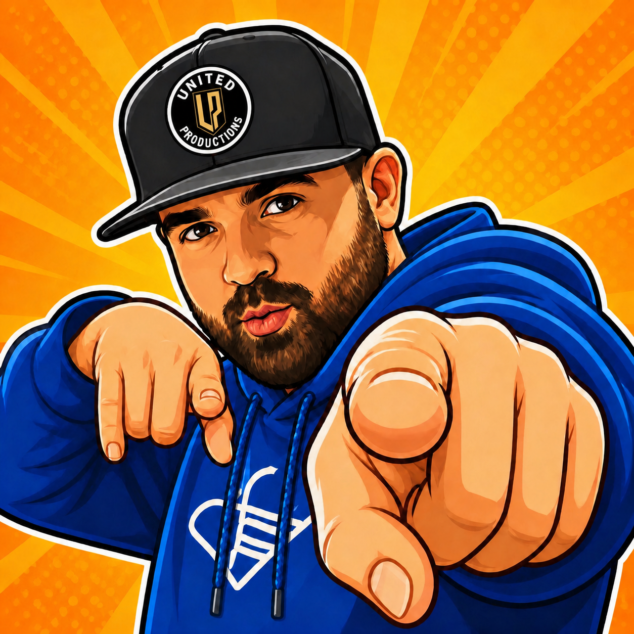 Digital illustration of a man with a beard wearing a black cap with a 'United Productions' logo and a blue hoodie pointing towards the camera with an orange background.