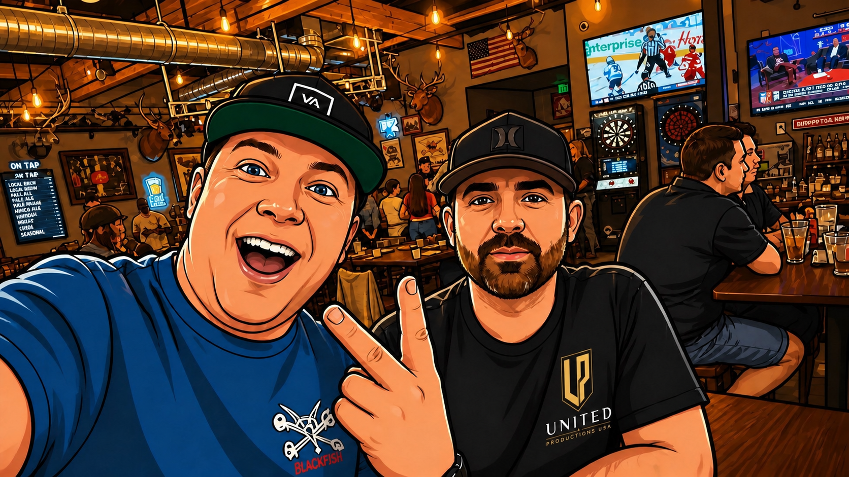 Two men taking a selfie in a lively sports bar, with people sitting at tables and watching hockey games on TVs, and dartboards on the wall.