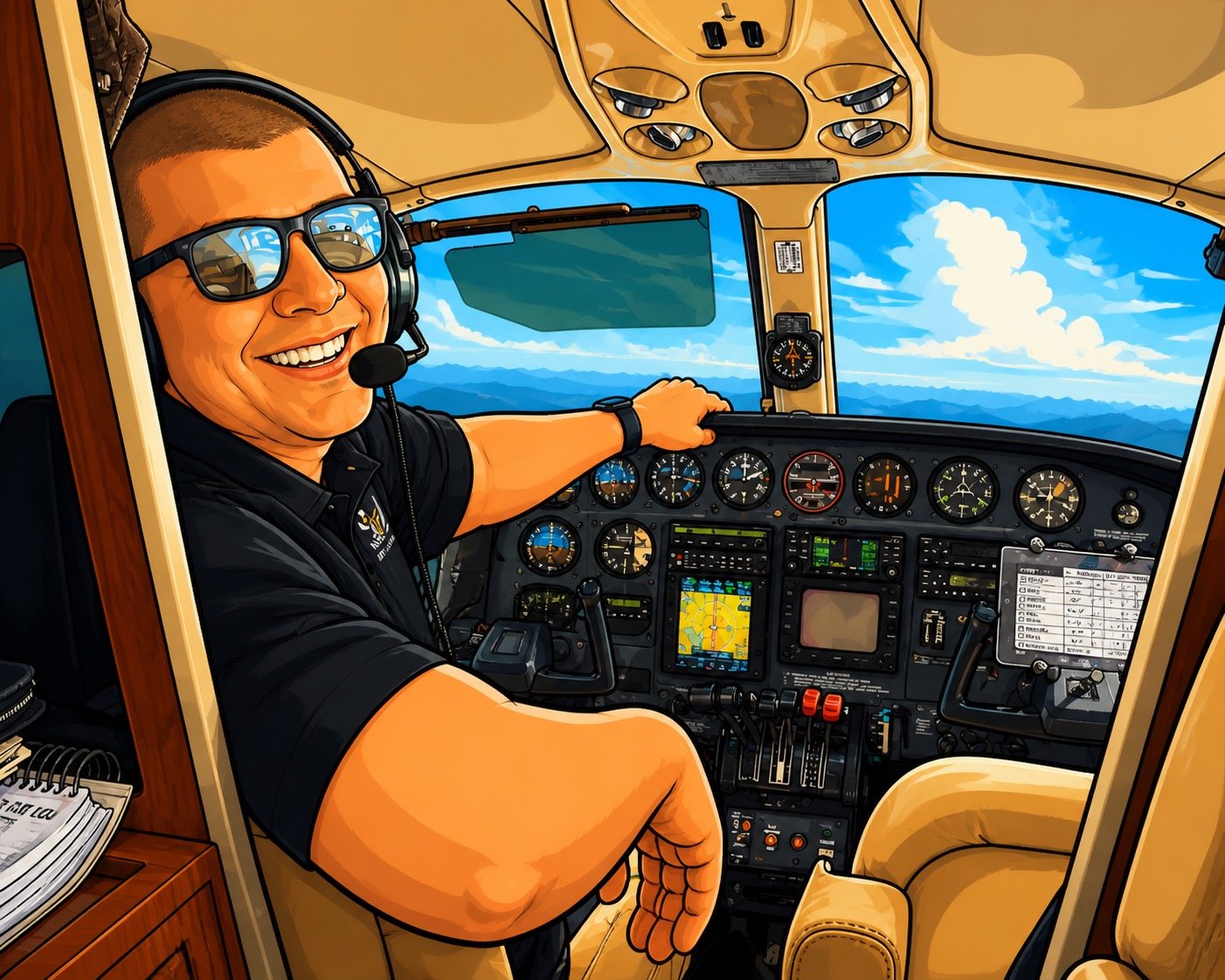 Cartoon illustration of a smiling pilot in the cockpit of an airplane, wearing sunglasses and a headset, flying through blue skies with clouds visible outside the window.