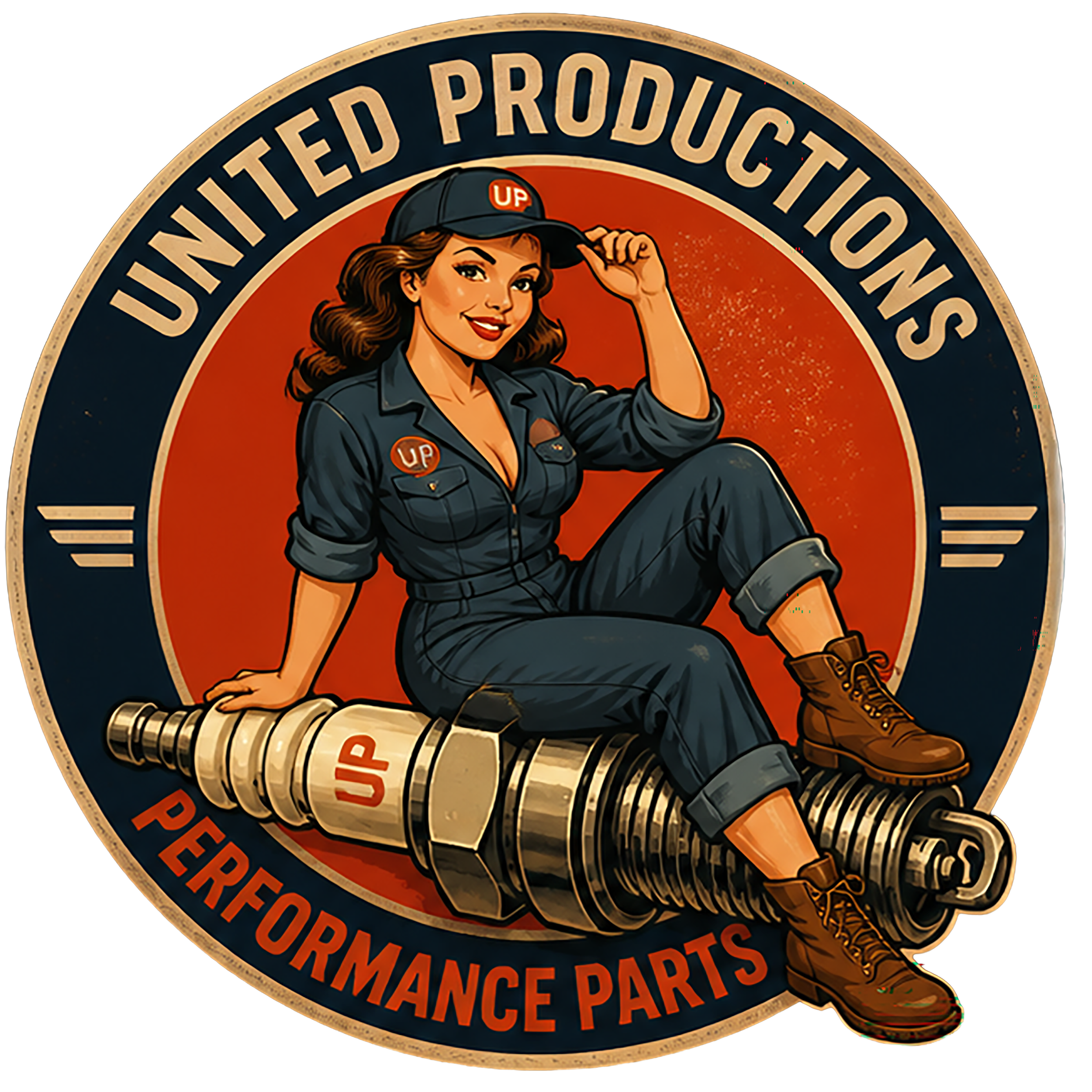 Retro-style circular emblem with a woman in mechanic overalls and a cap with 'UP' logo, holding a large spark plug, surrounded by the words 'United Products' and other maintenance parts.