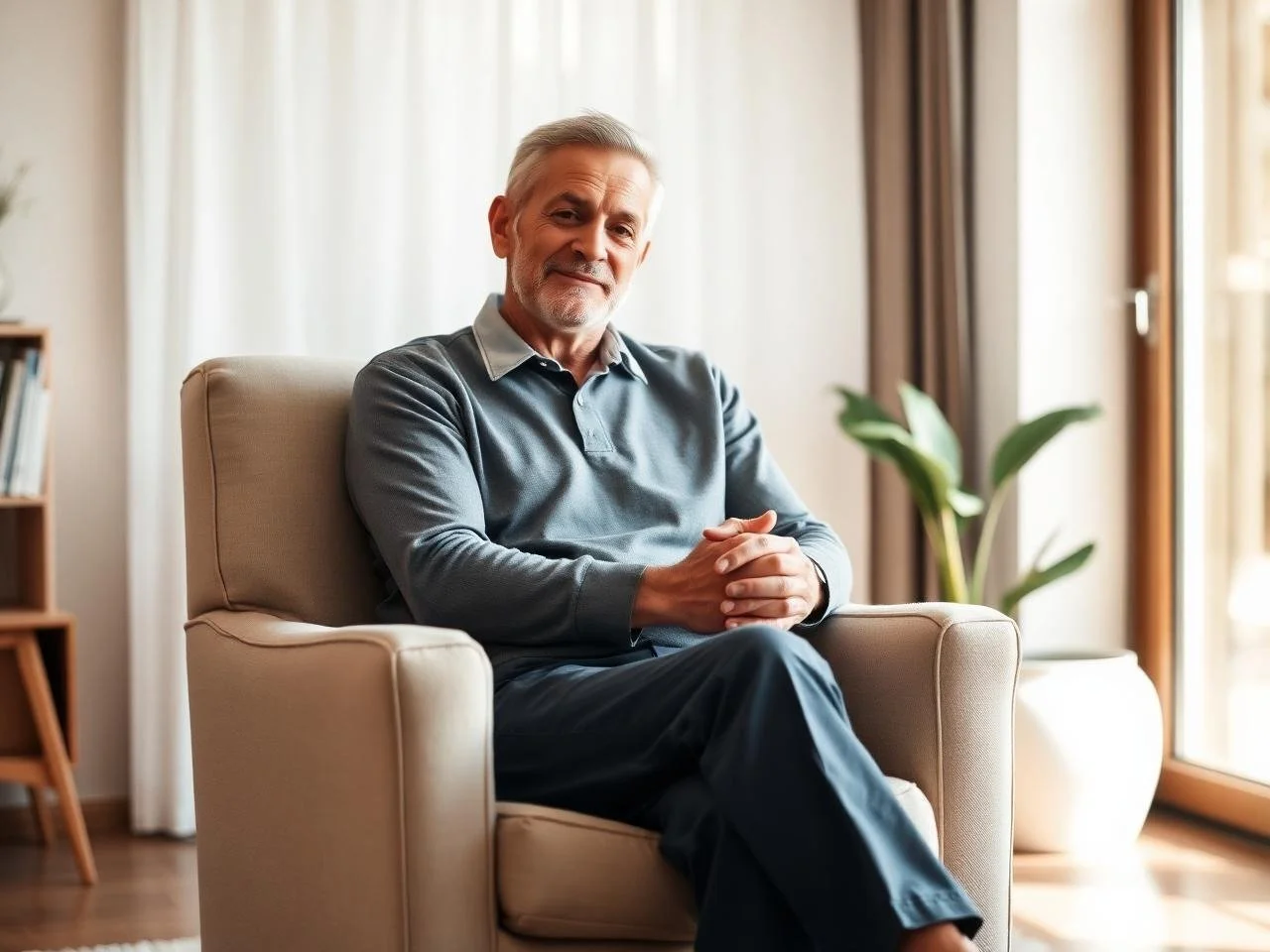 An elderly man with gray hair and a beard sitting comfortably on a beige armchair in a well-lit room with a plant and window in the background.