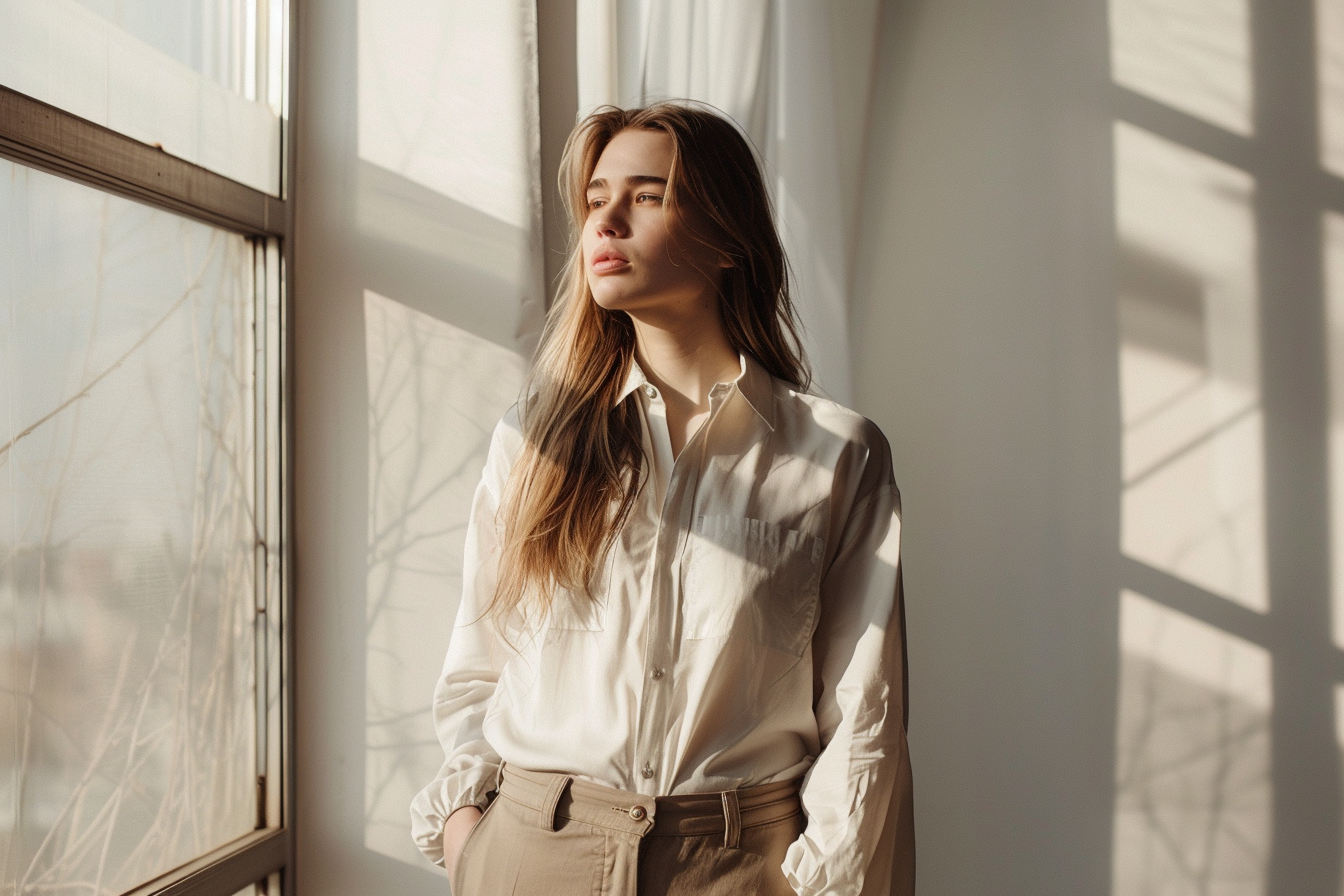 A young woman with long, wavy hair gazes out a large window, with sunlight and shadows creating patterns on her face and clothing inside a bright room.