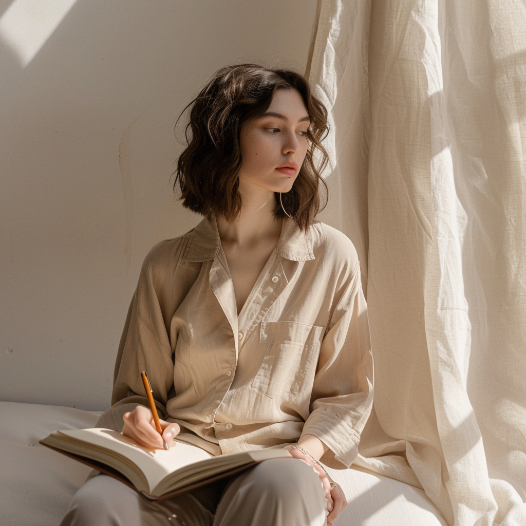 A young woman with wavy brown hair sits on a bed, holding a pen and writing in a notebook. She is wearing a beige button-up shirt and is near a window with sheer cream-colored curtains, with sunlight streaming in.