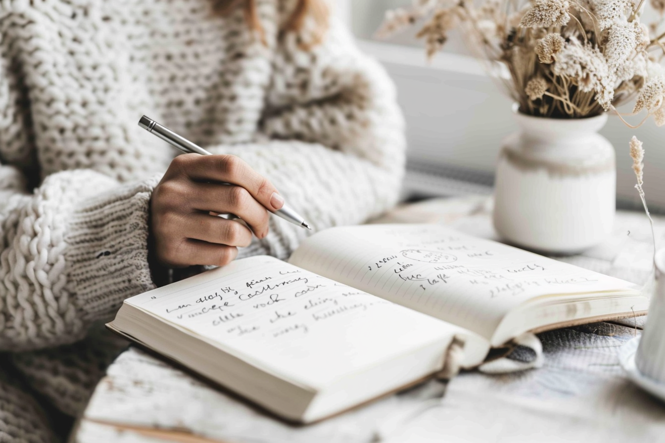 Person in a cozy sweater writing in a notebook with a pen, next to a vase of dried flowers on a table.