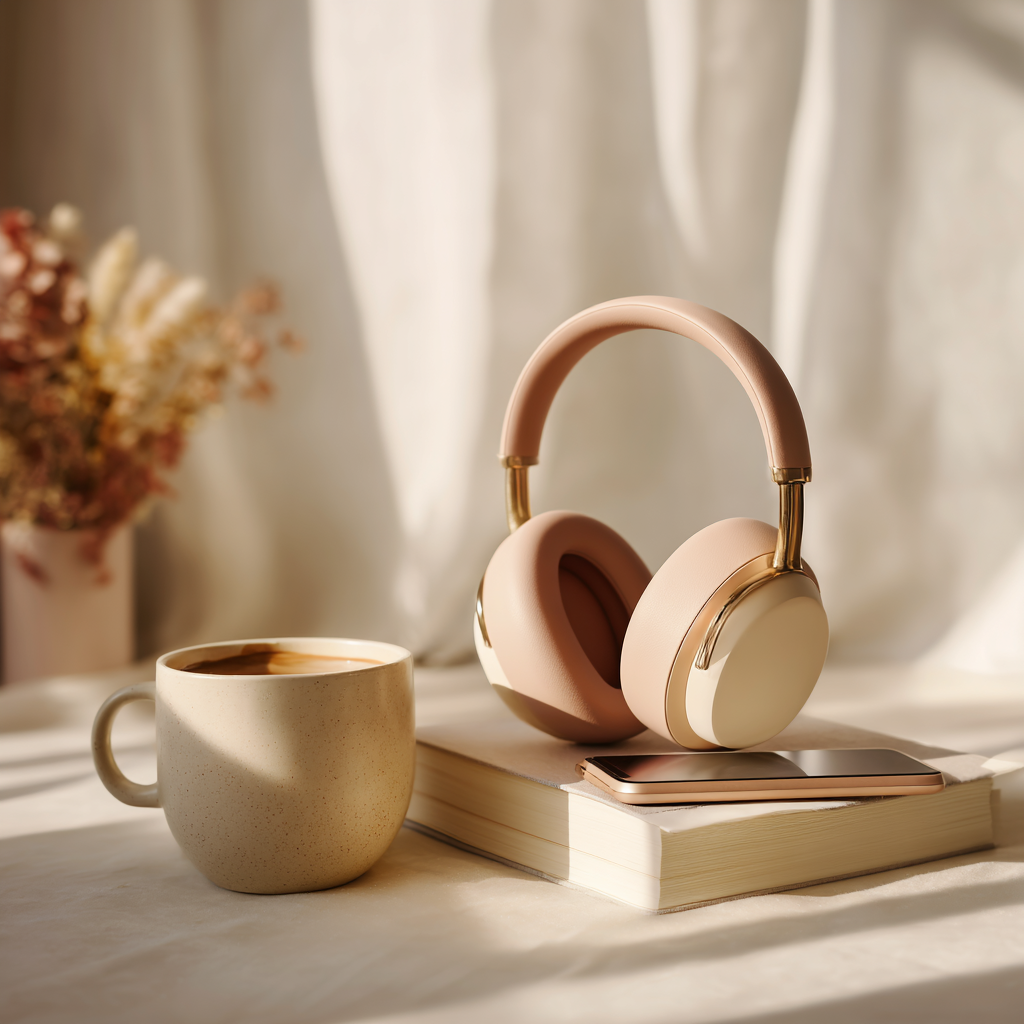 A beige coffee mug with coffee, pink headphones with gold accents, a smartphone, and a closed book on a table near a window with white curtains.