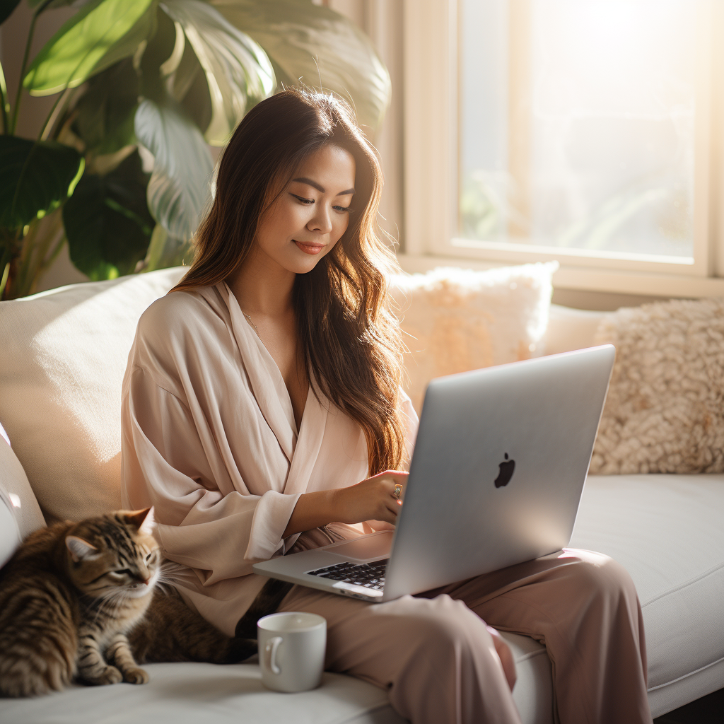A woman sitting on a sofa with a laptop, a cat lying next to her, a coffee mug nearby, sunlight coming through the window, and houseplants in the background.