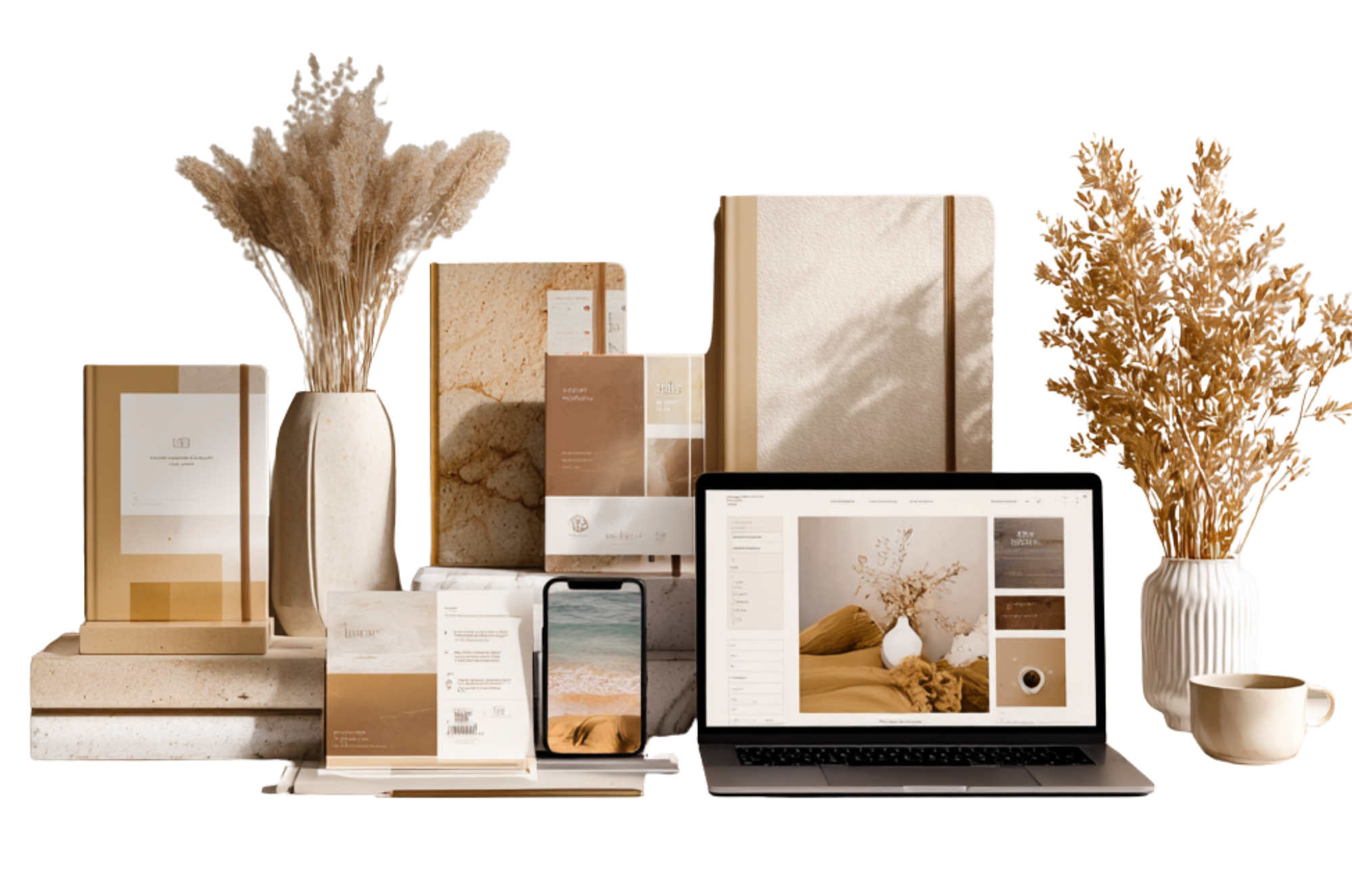 Home decor and design materials including two vases with dried plants, sample books, a laptop showing a design website, sample chips, and a smartphone.