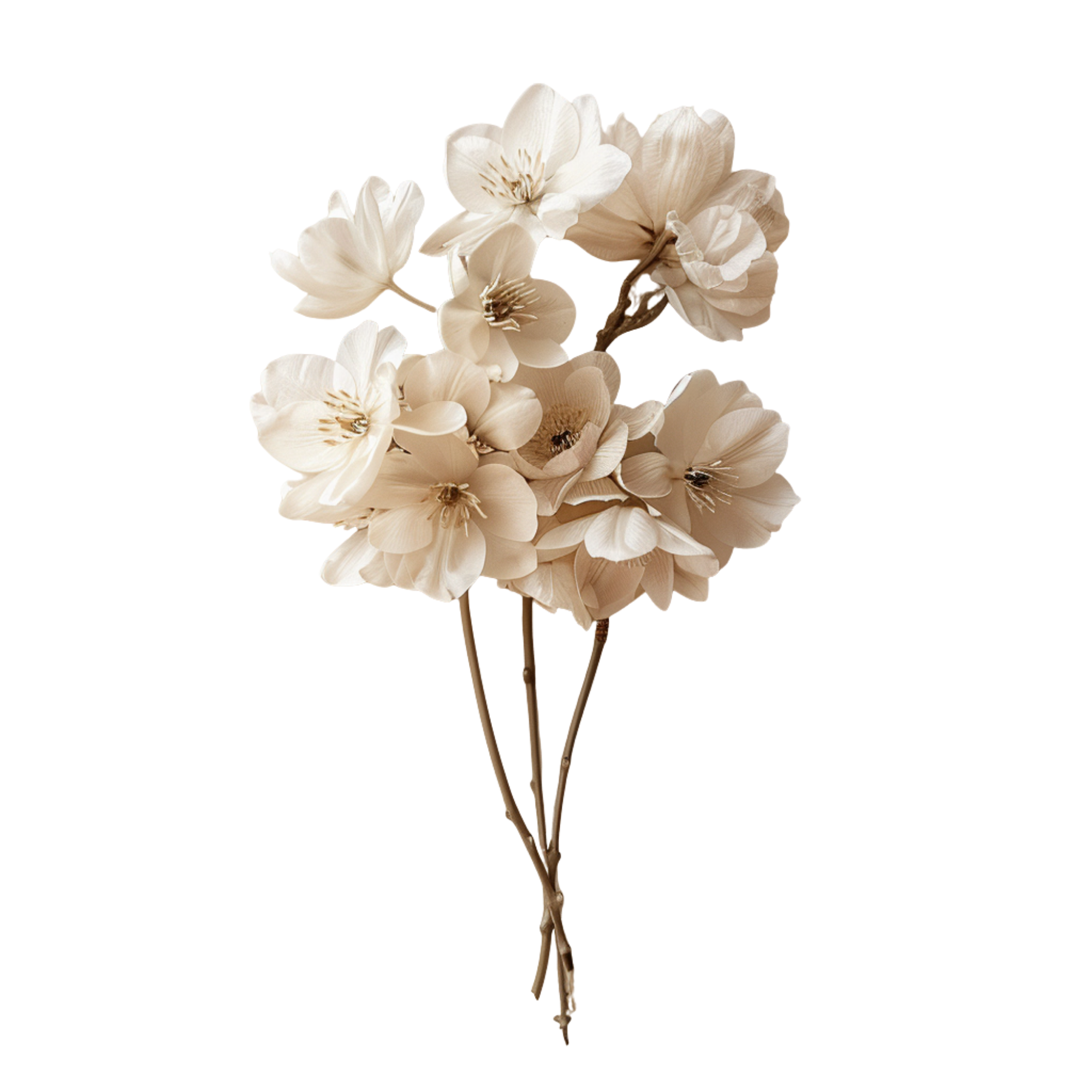 A bunch of white flowers with delicate petals, laid on a reflective surface.