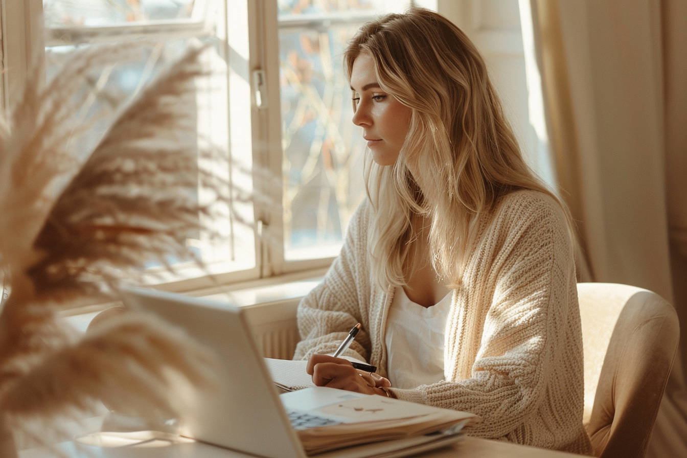 A woman with blonde hair sitting at a table, writing in a notebook with documents and a laptop in front of her near a window, in a cozy room with soft lighting.