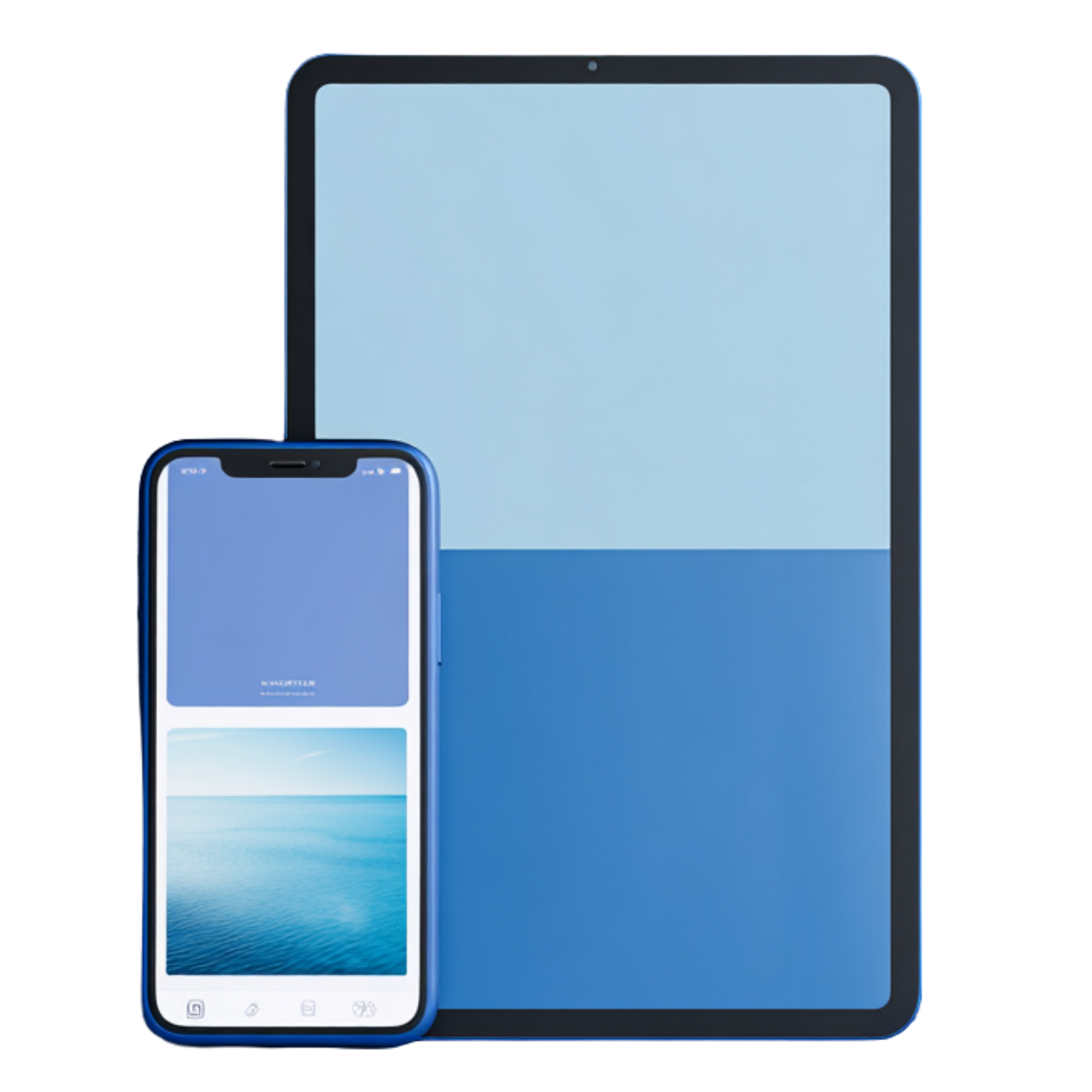 A smartphone displaying a beach scene with the ocean and a blue sky on a large monitor.