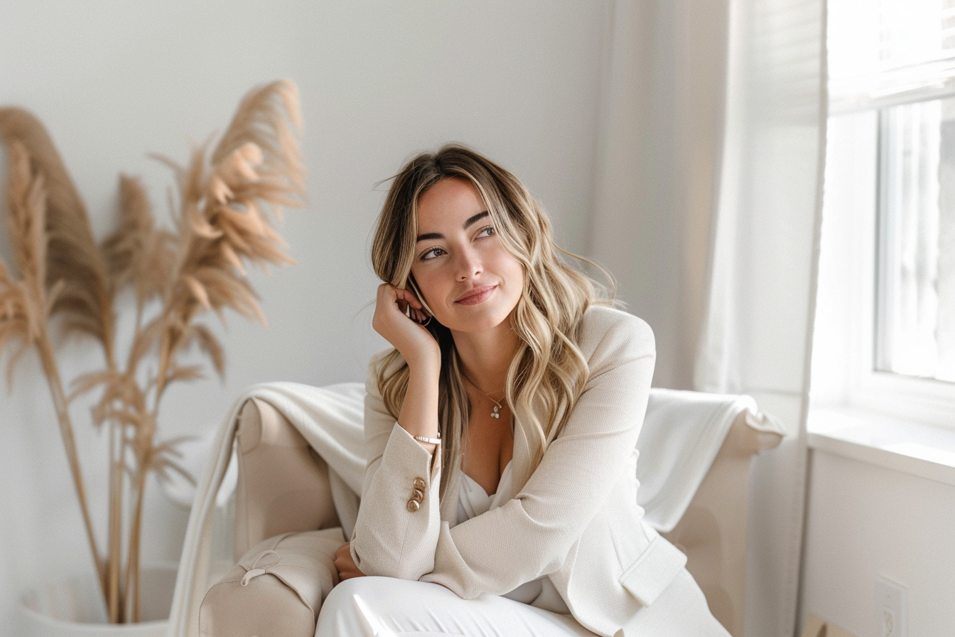 A young woman with blonde hair in loose waves, dressed in beige clothing, sitting on a cream-colored sofa near a window, smiling softly and looking thoughtfully to the side.