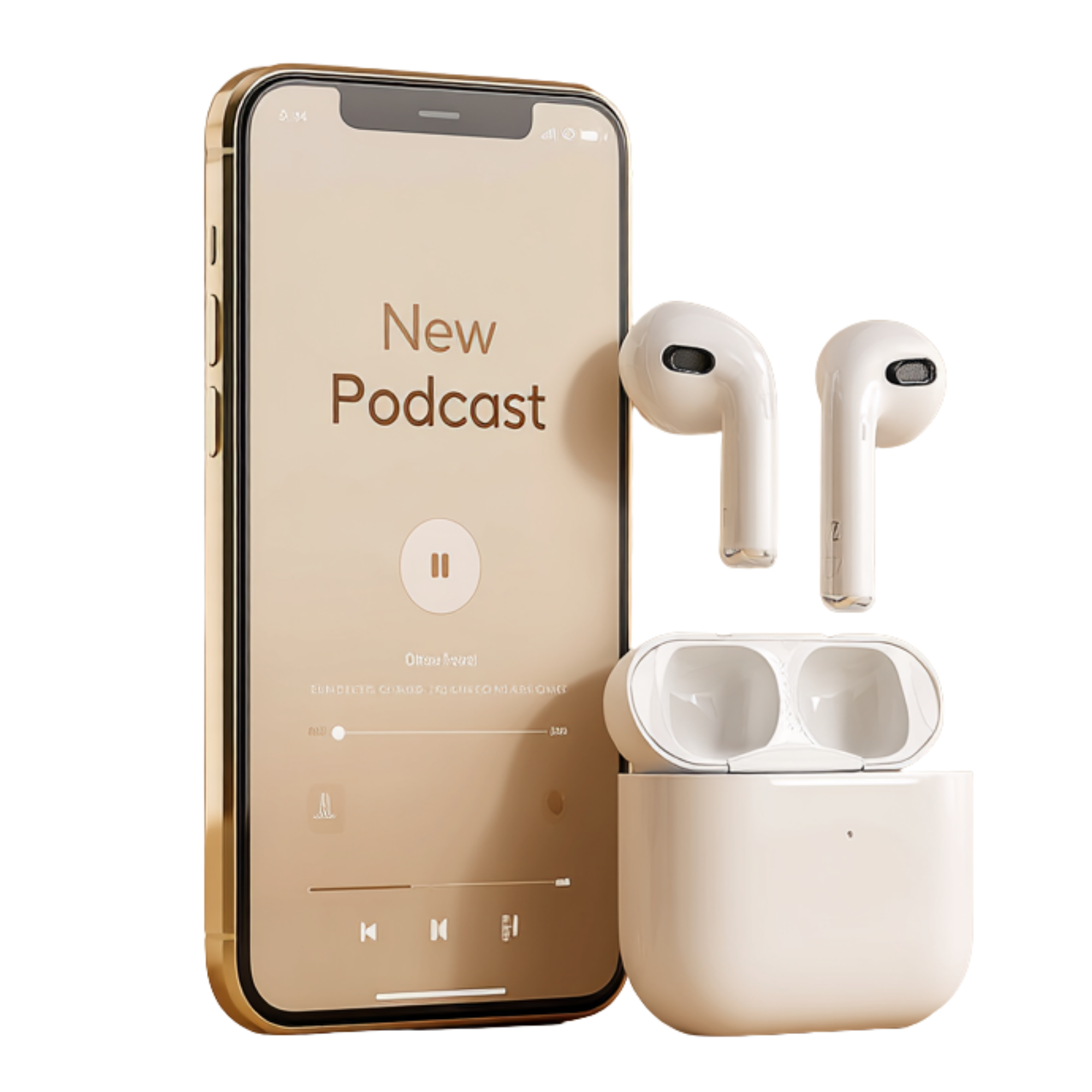 Close-up of a smartphone displaying a podcast named 'New Podcast' with earphones and a charging case nearby.