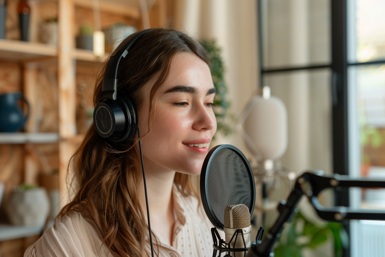 A young woman with long brown hair, wearing black headphones, is speaking into a studio microphone with a pop filter. She is in a cozy room with wooden shelves and large windows in the background.