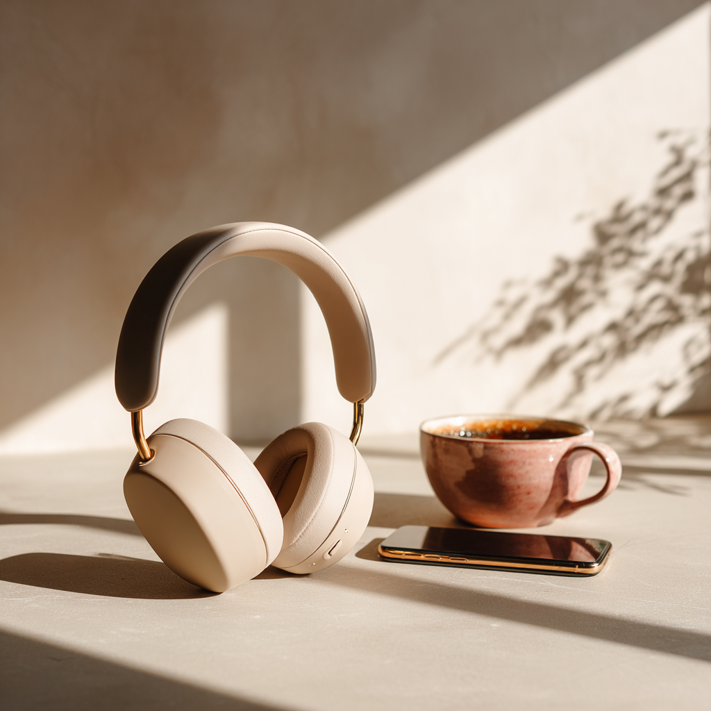 Beige over-ear headphones, a ceramic mug filled with coffee, and a smartphone placed on a white surface with shadows cast across it.