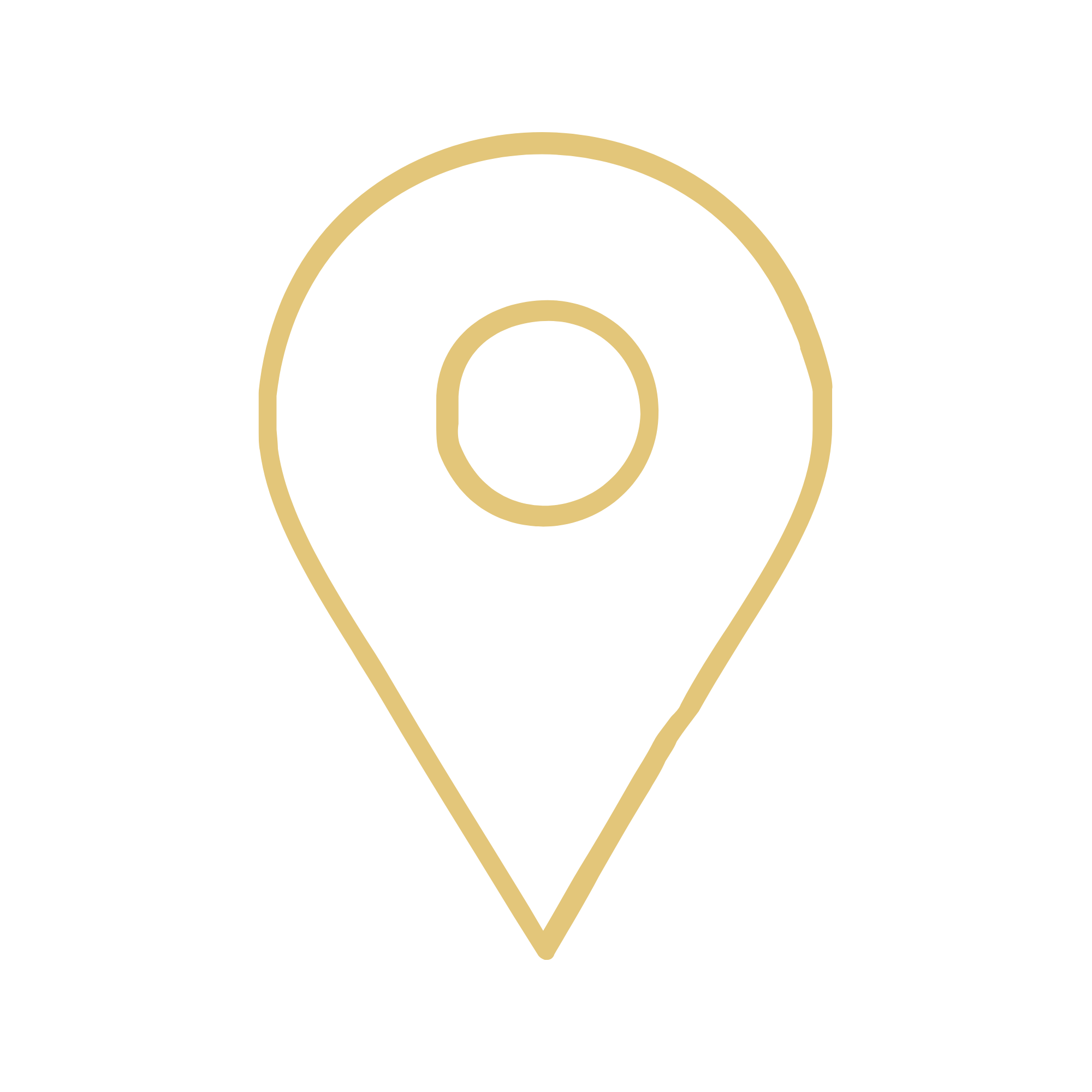 Golden outline map pin icon on a black background.