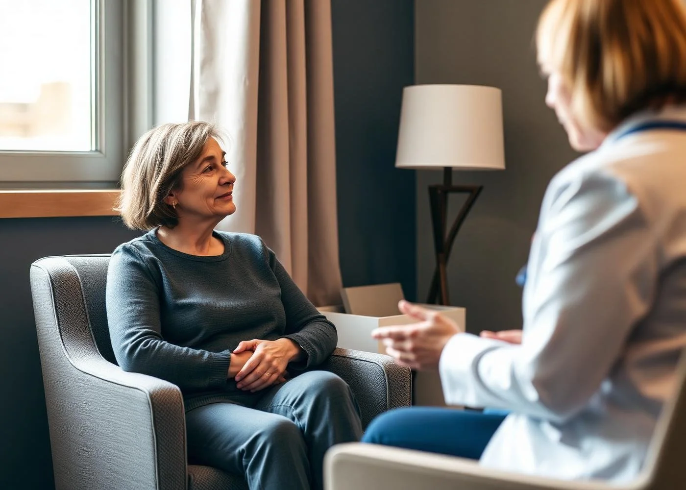 A woman in a dark gray sweater sitting in a gray armchair during a conversation with a healthcare professional in a white coat, in a well-lit room with a window and a floor lamp.