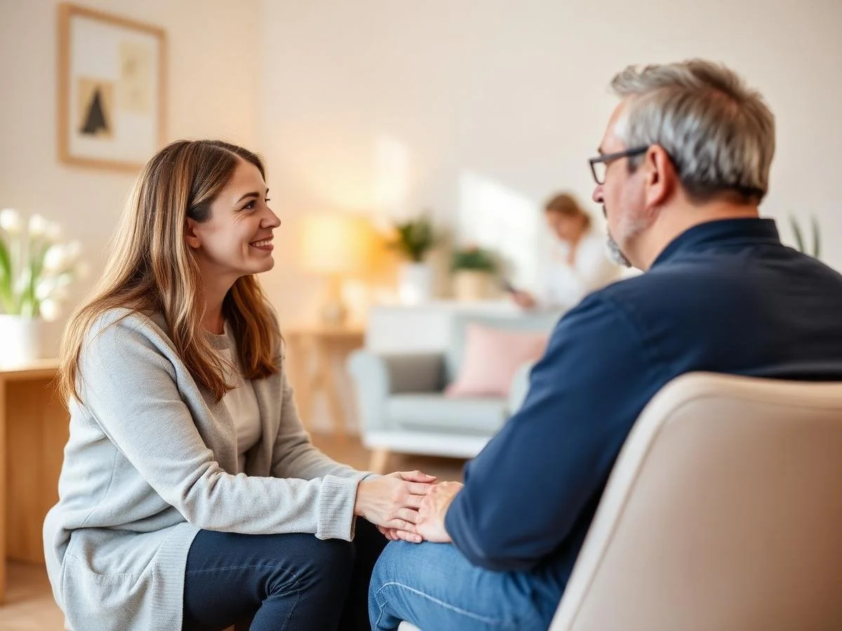 A woman and a man are sitting face to face in a cozy living room, holding hands and smiling at each other.