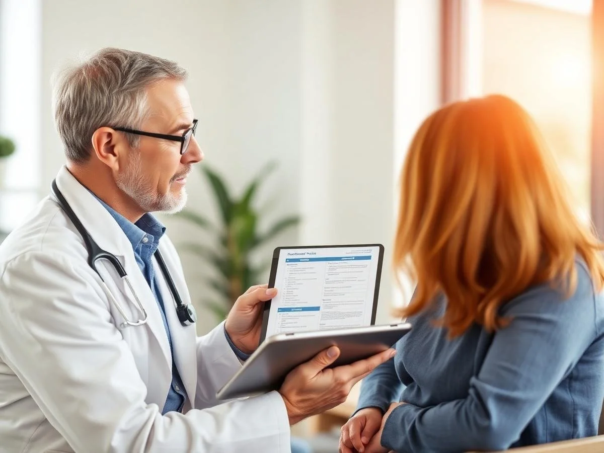 Doctor showing medical records to a female patient in a consultation room.