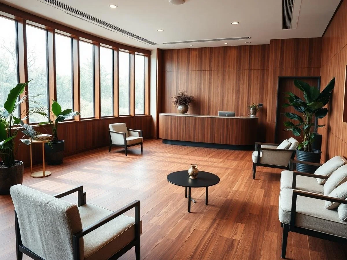 Modern reception area with wood-paneled walls, large windows, and seating. There are beige armchairs and a small black round table with a decorative object. Potted plants add greenery, and a curved reception desk is in the background.