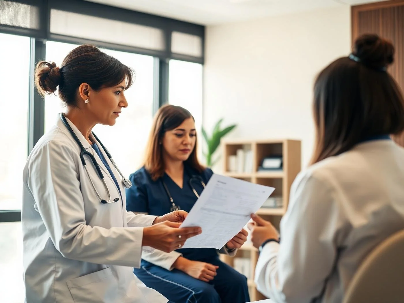 Three female healthcare professionals, two in white coats and one in navy scrubs, having a discussion in a medical office. One is holding and reviewing a medical chart.