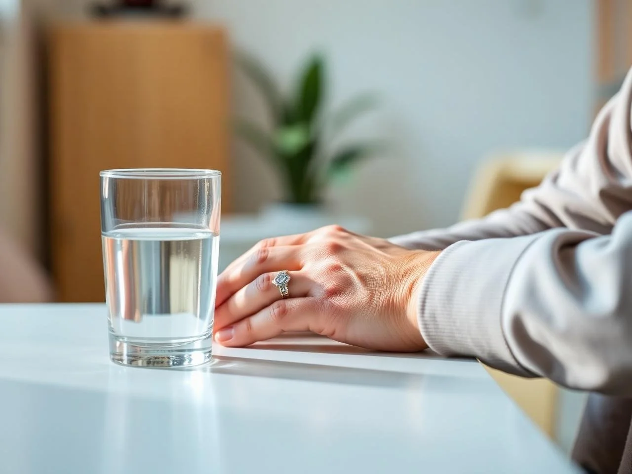 A person with a diamond ring on their finger has their hand resting on a white table, next to a glass of water. In the background, there is a blurred plant and furniture.