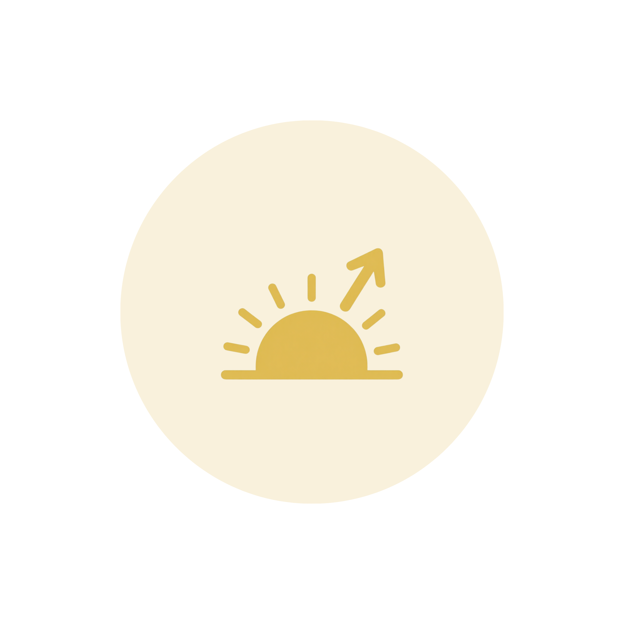 A circular illustration representing solar energy with a sun at the bottom and arrows pointing outward from it.
