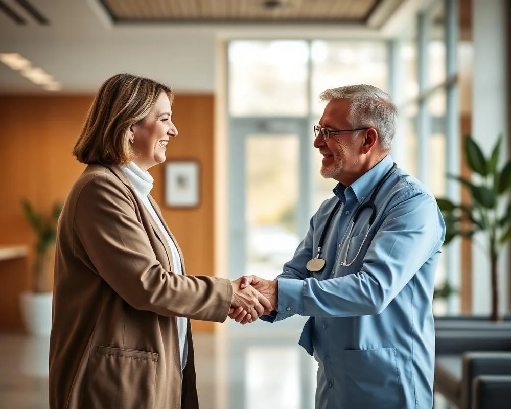 A woman in a tan blazer shaking hands with a male doctor in a blue coat inside a medical office.