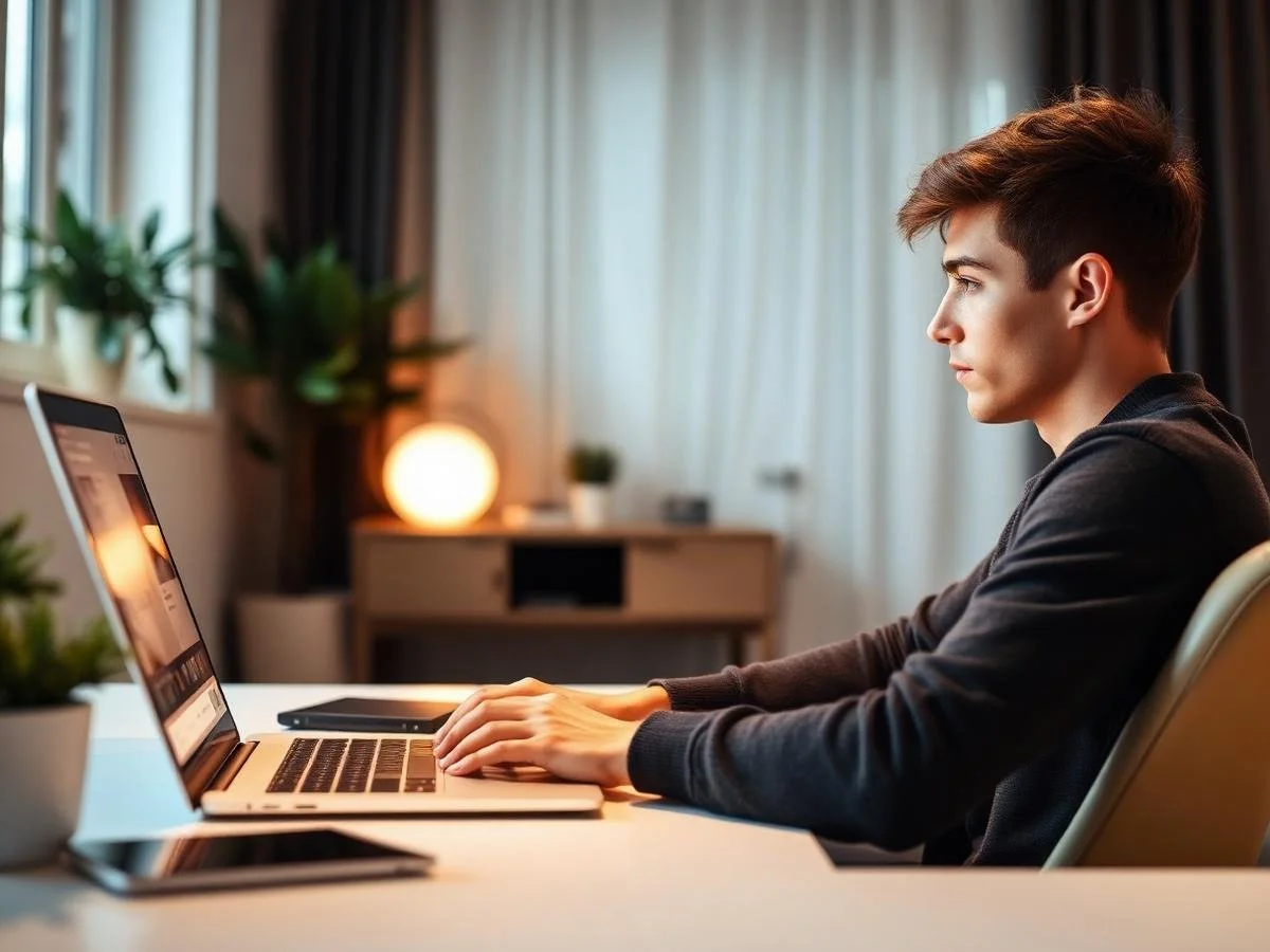 Young man working on a laptop at a desk in a well-lit room with plants and warm lighting.