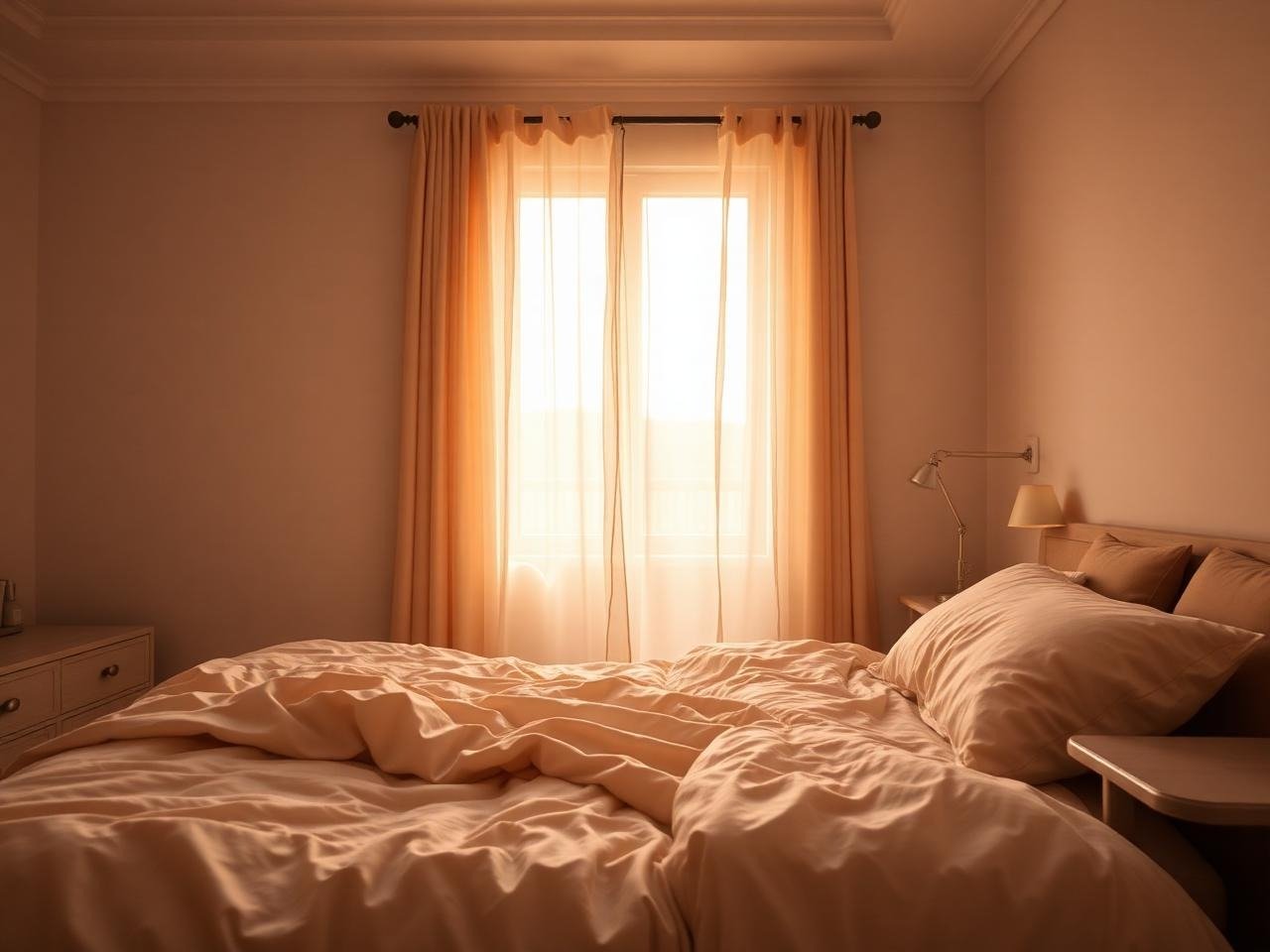 Sunlit bedroom with unmade bed, beige bedding, pillows, side table, lamps, and peach-colored curtains.