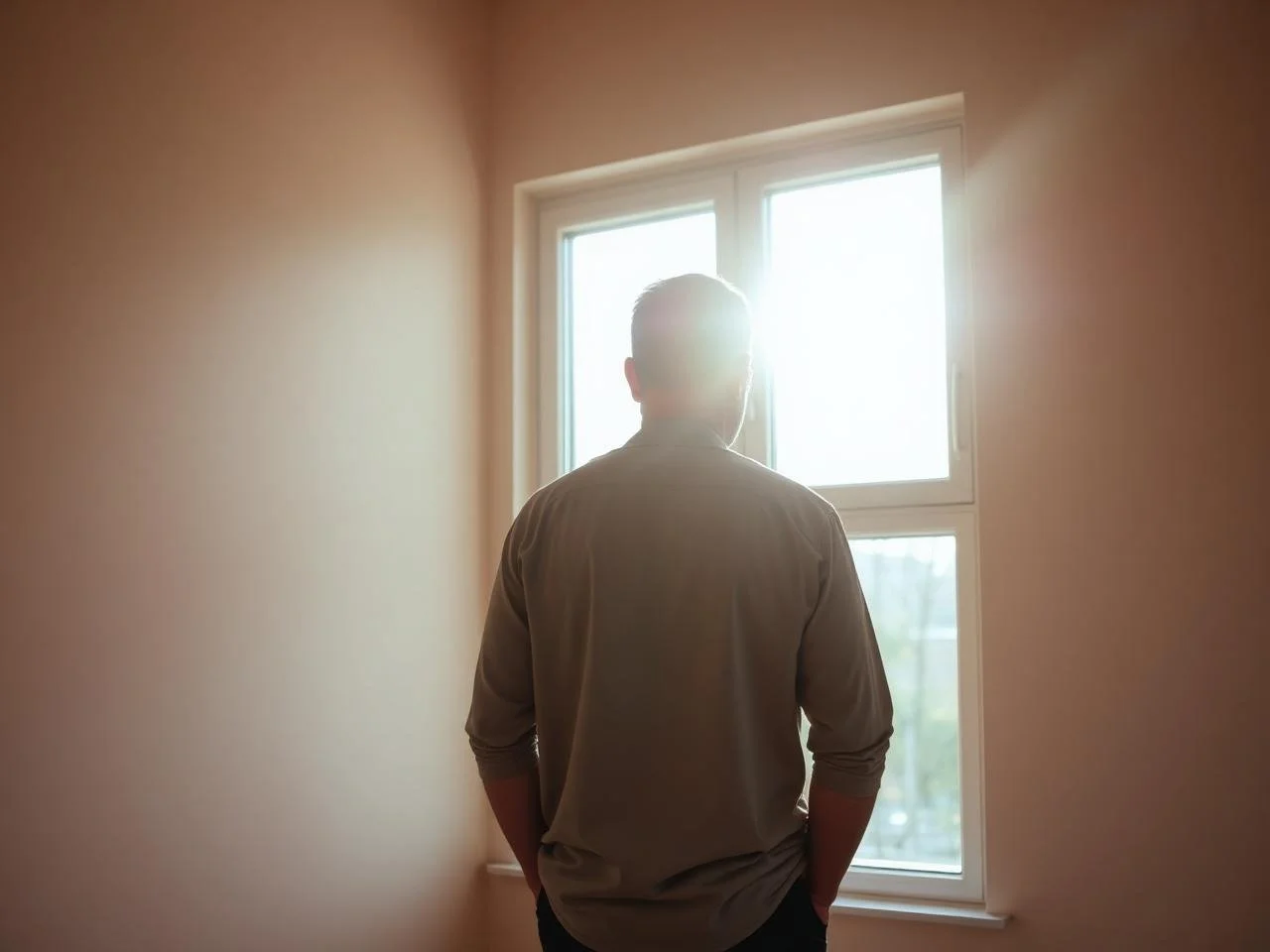 A man with short hair wearing a gray shirt is standing inside a room, looking out a window with bright sunlight coming through.